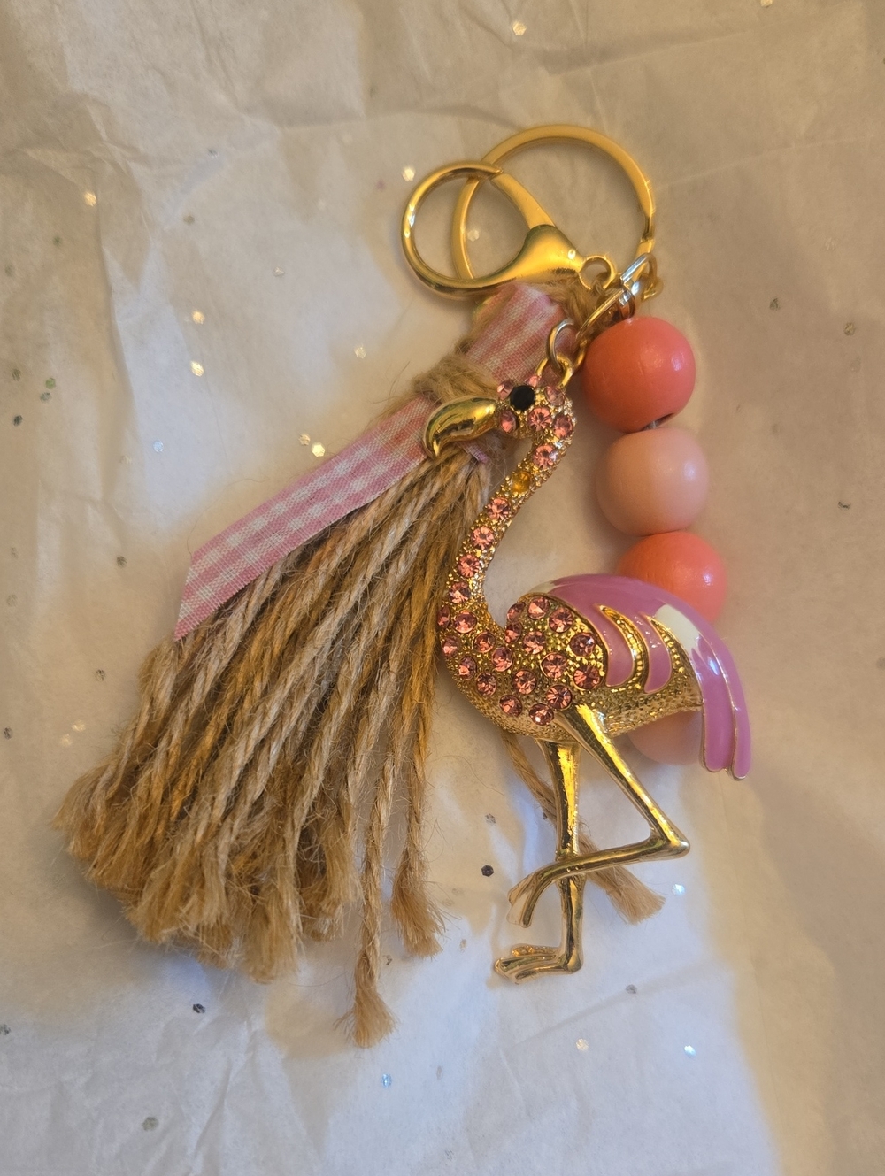 Source Unknown Pink and Gold Flamingo Tassel Keychain
